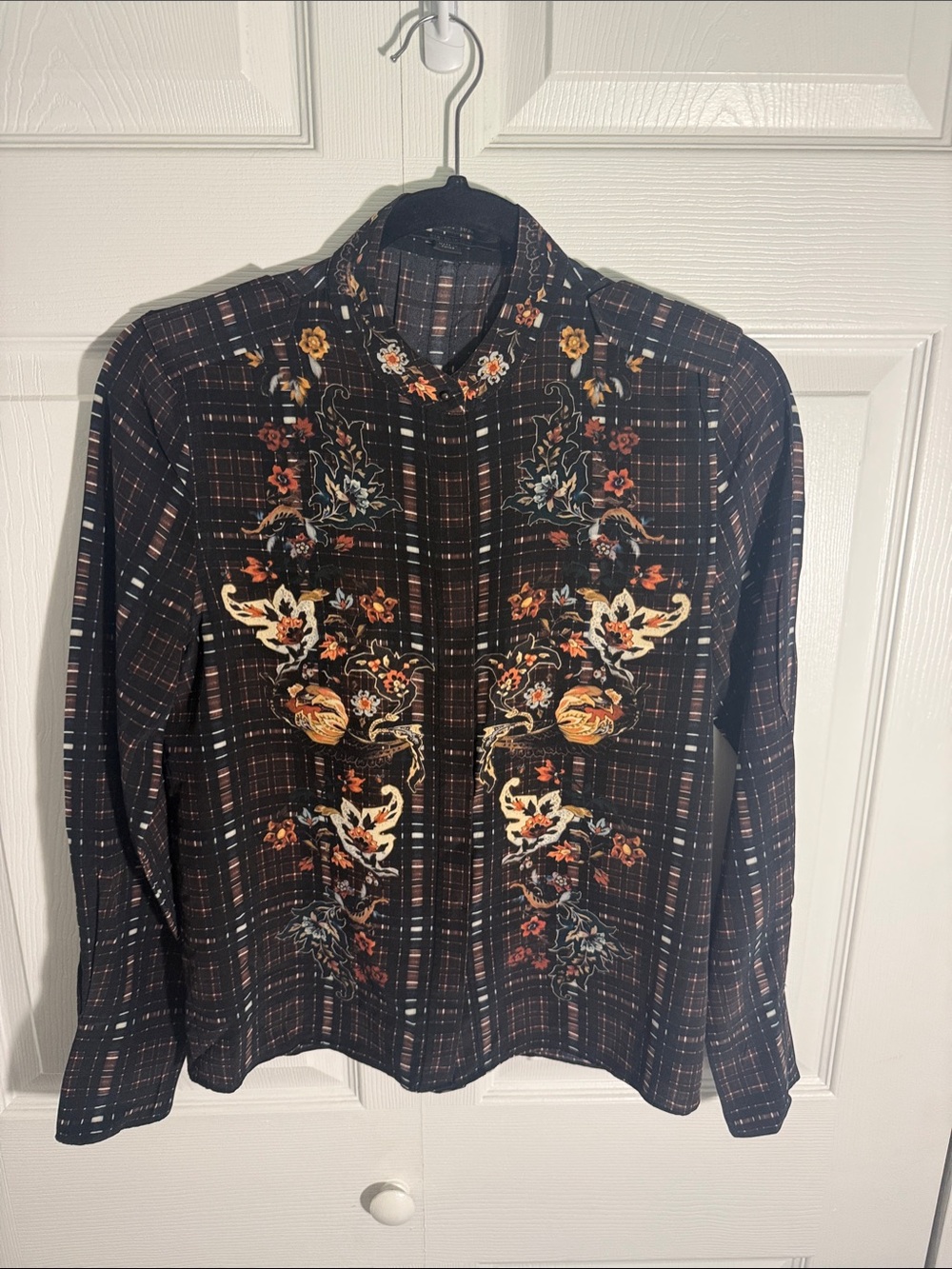 All Saints Black Plaid Blouse with Orange and Cream Floral Embroidery